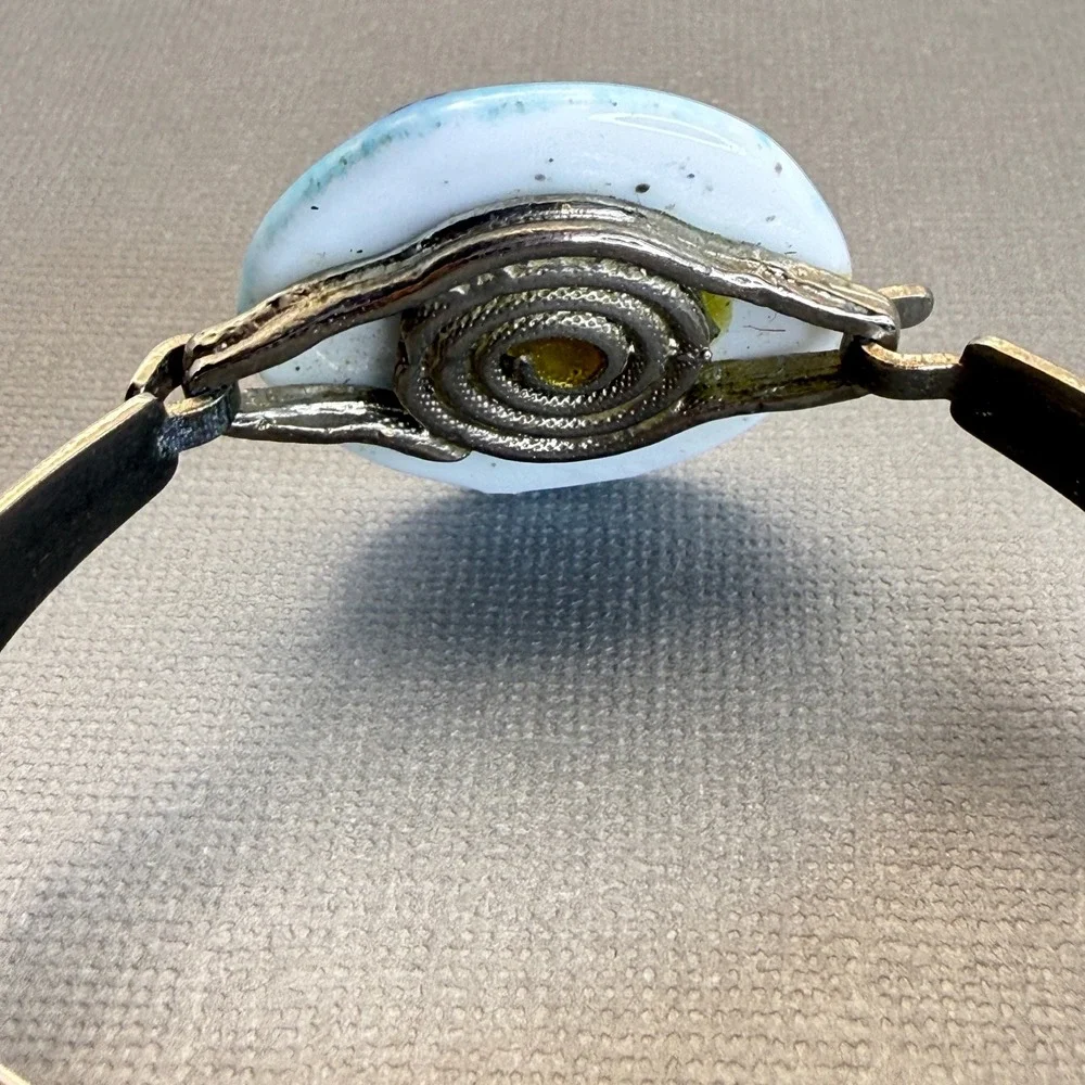Vintage Millefiori Murano Glass Silver Tone‎ Cuff Bracelet Blue Floral Statement